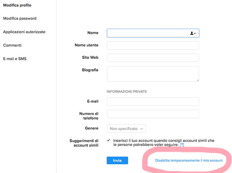 disabilitare account instagram