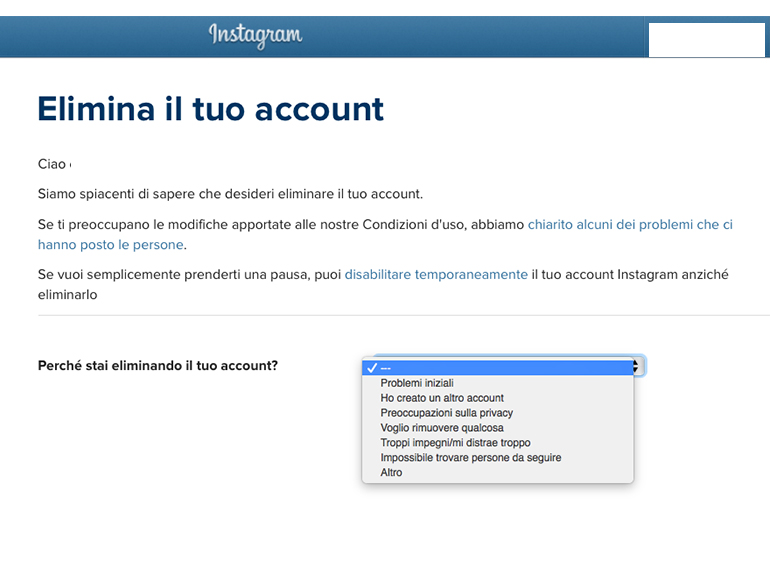 eliminare account instagram