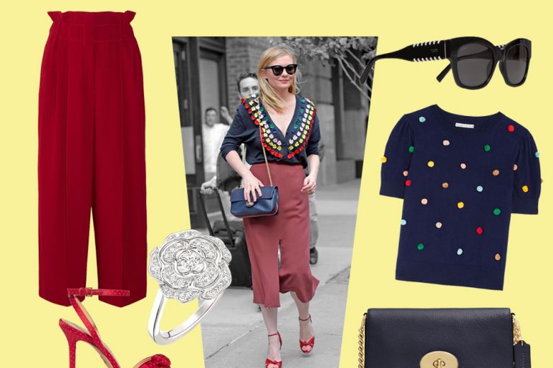 Kirsten Dunst: look chic con culotte pants e cardigan ricamato