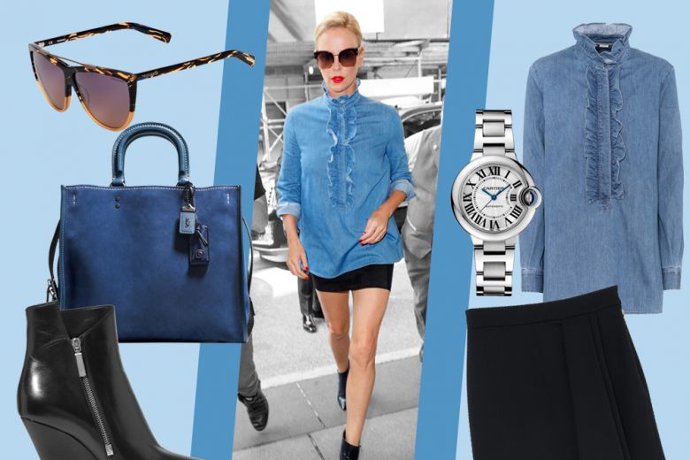 Blusa in denim e minigonna: il look glam di Charlize Theron