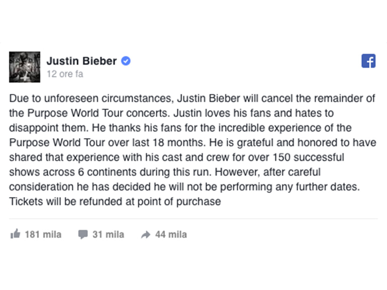 justin bieber annuncio