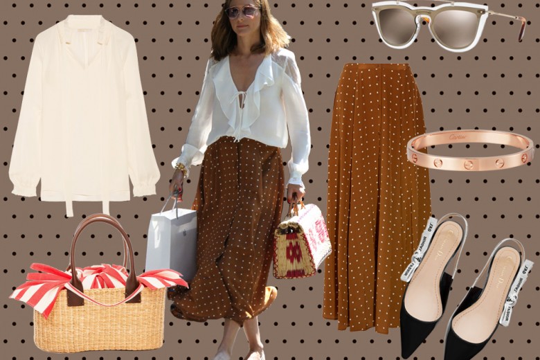 Olivia Palermo: look “ladylike” con gonna a pois e ballerine sling-back