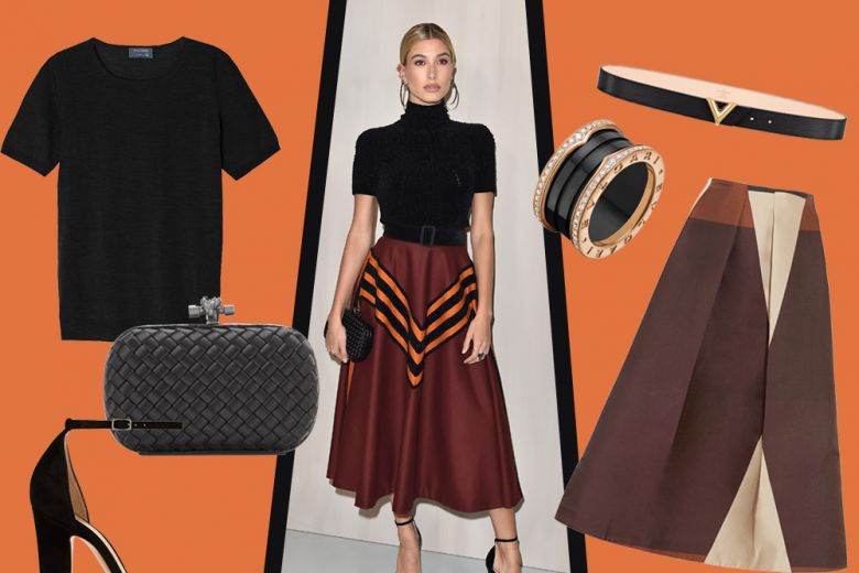 Hailey Baldwin: dolcevita e gonna midi, il look da copiare