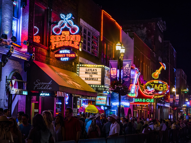 Neon signs on Lower Broadway (Nashville) at Night