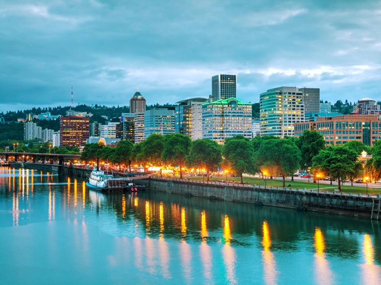 Downtown Portland cityscape at the night time