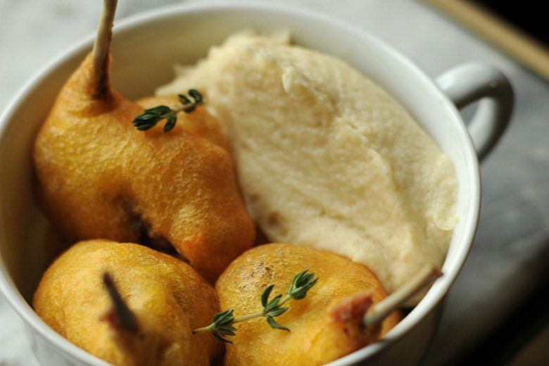Purè di sedano rapa con coscette di quaglia