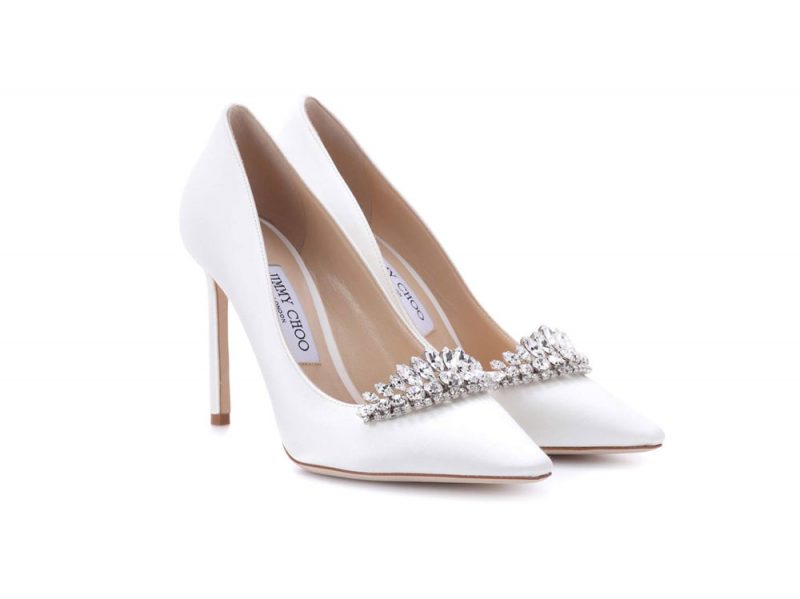 Scarpe Da Sposa Con Tacco A Spillo In Raso - Décolleté Con Punta Aperta, Strass E Fiocco, Tacco 9.5cm - Per Matrimonio E Cerimonie