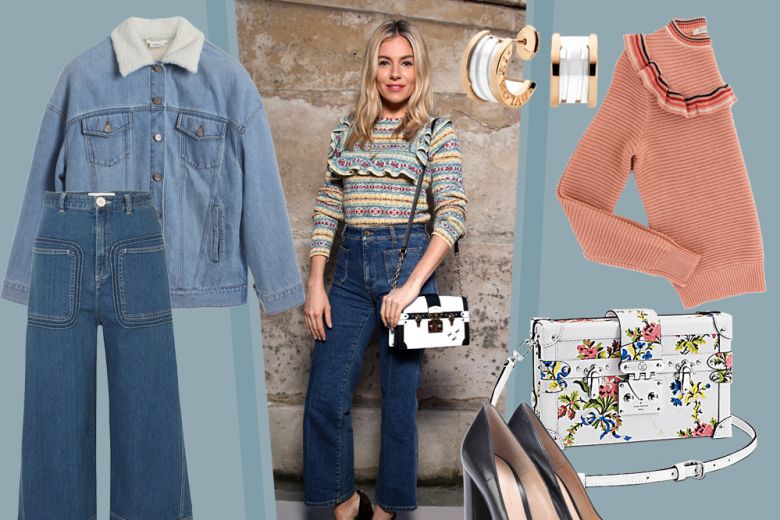 Jeans a vita alta e pullover con volant, il look must have di Sienna Miller