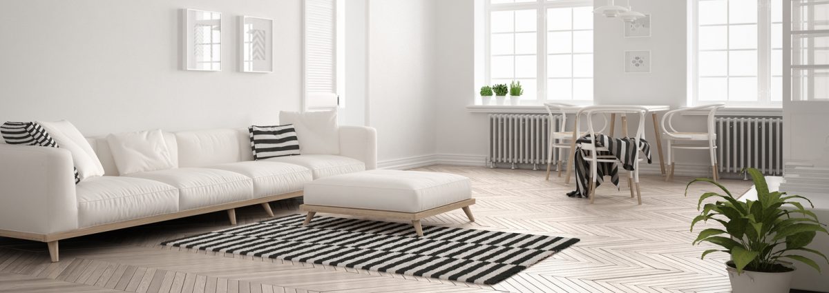 Bright minimalist living room with sofa and dining table, scandinavian white interior design