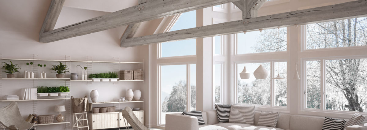Living room of luxury eco house, parquet floor and wooden roof trusses, panoramic window on winter meadow, modern white interior design