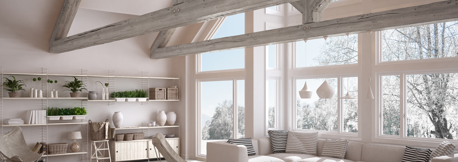 Living room of luxury eco house, parquet floor and wooden roof trusses, panoramic window on winter meadow, modern white interior design