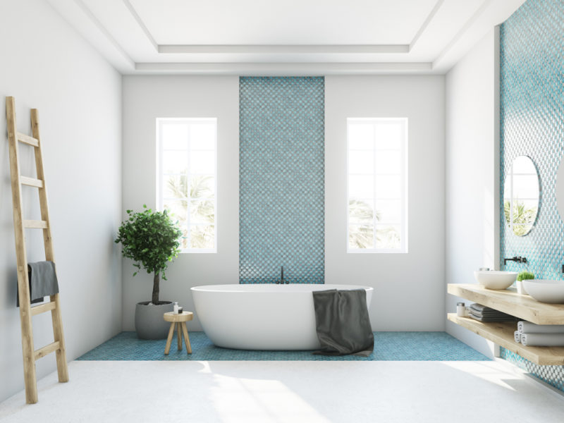 Blue and white bathroom, white tub