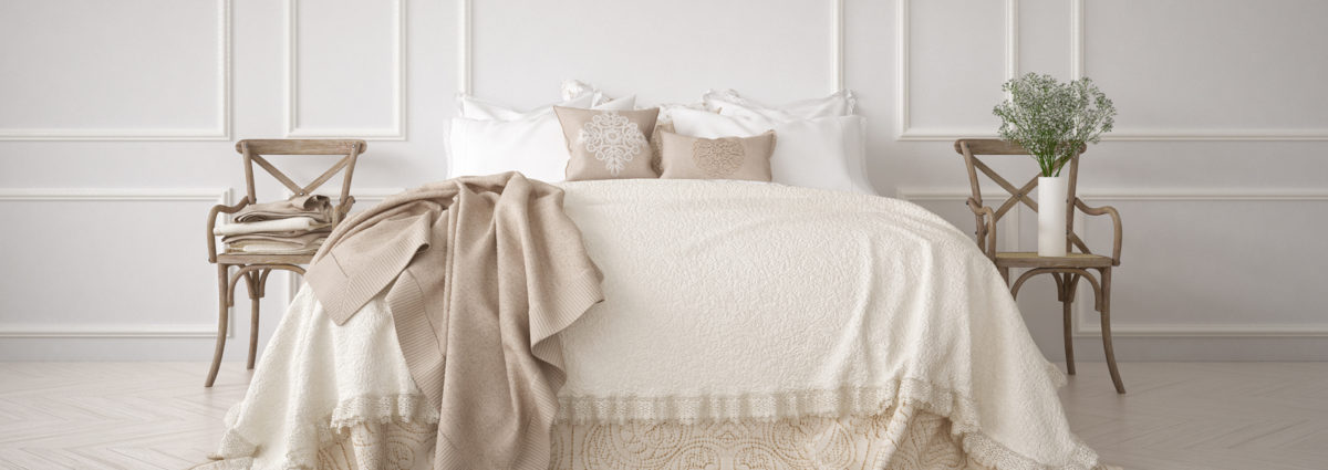 Minimalistic classic bedroom, white interior design