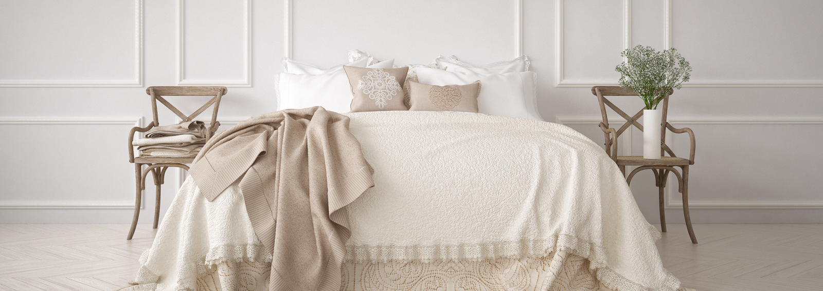 Minimalistic classic bedroom, white interior design