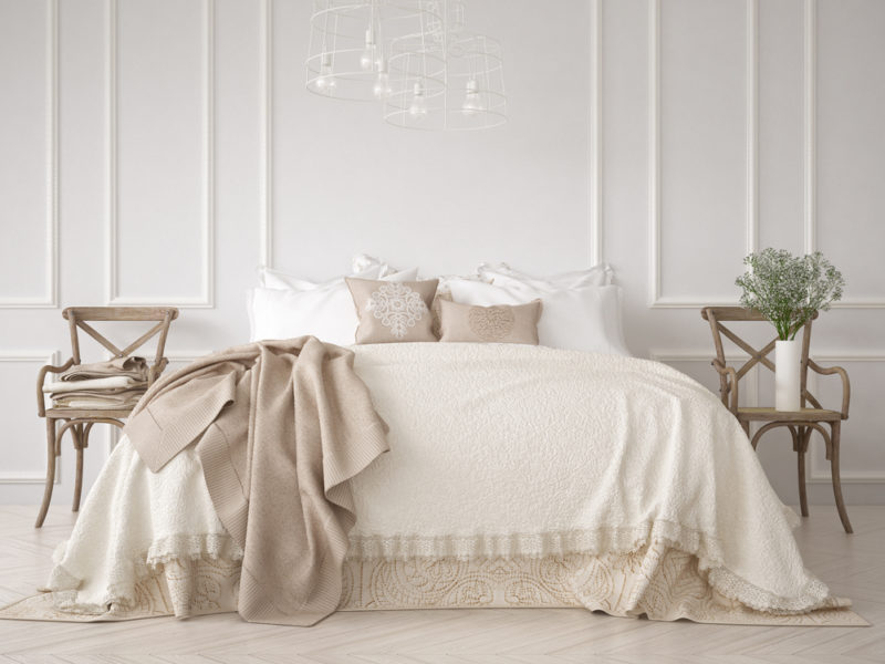 Minimalistic classic bedroom, white interior design