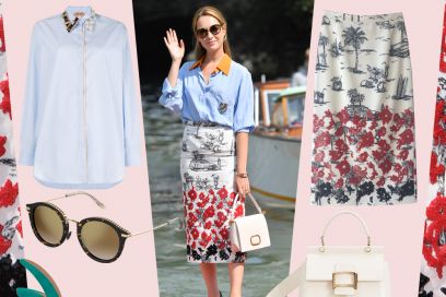 Camicia azzurra e pencil skirt ricamata: il look chic di Cristiana Capotondi a Venezia