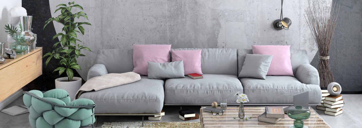 Modern Nordic living room interior with sofa and lots of details