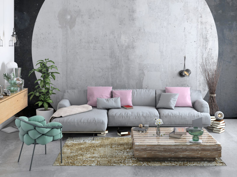 Modern Nordic living room interior with sofa and lots of details
