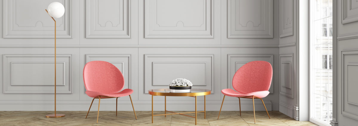 Modern classic gray interior with lounge armchairs, coffee table and floor lamp. 3d render illustration mock up.