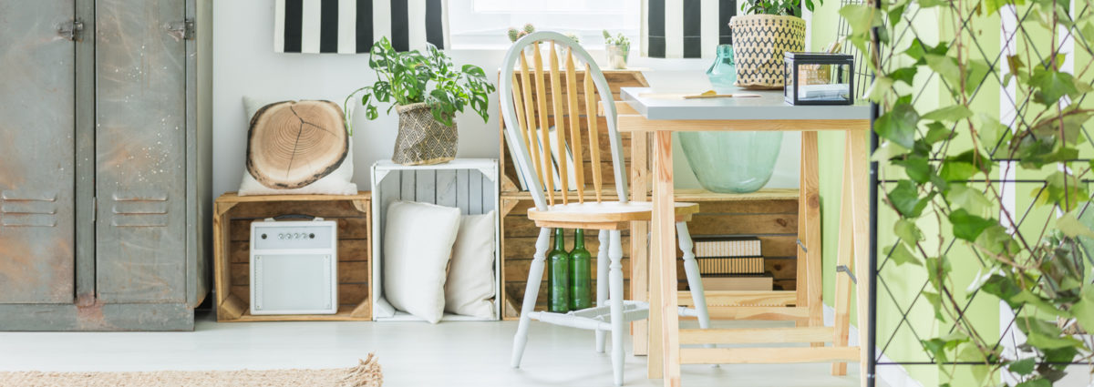 Room with striped window curtain
