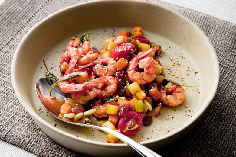 Gamberi rossi con caponata alla zucca
