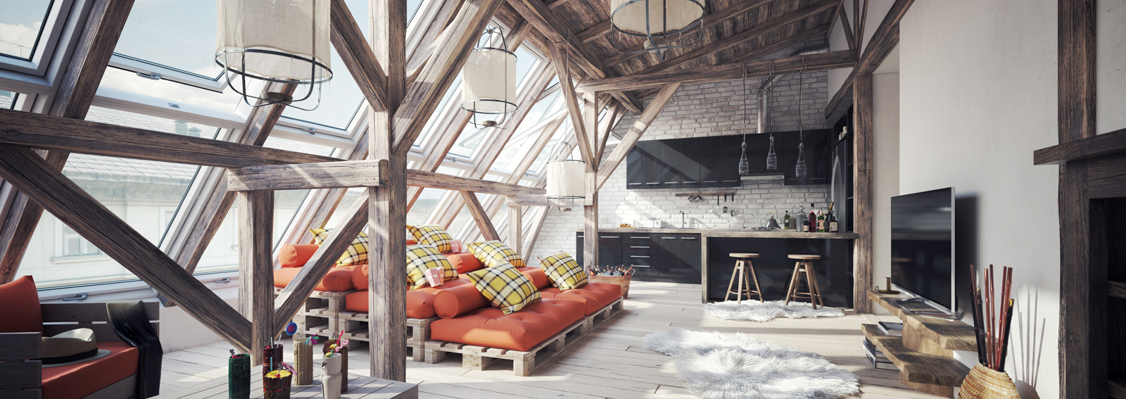 Cozy Scandinavian Attic Loft Interior Scene (Toned Image)