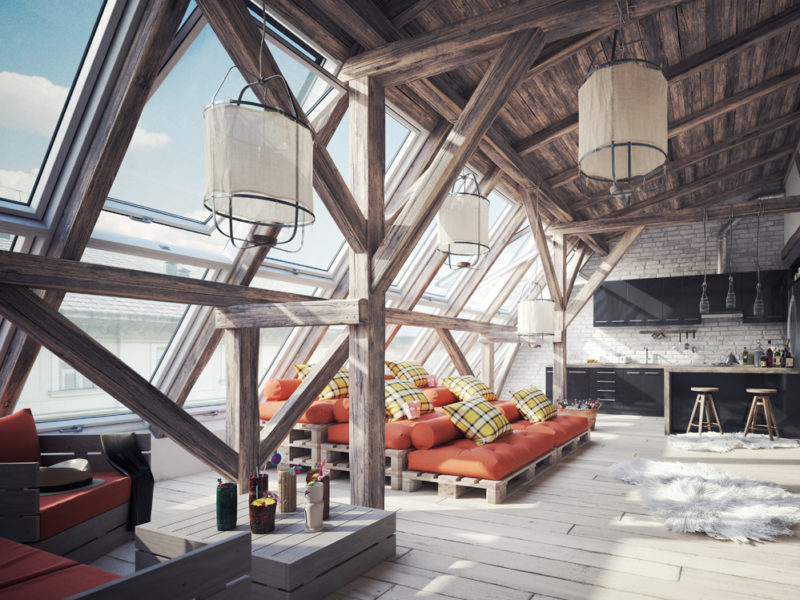 Cozy Scandinavian Attic Loft Interior Scene (Toned Image)