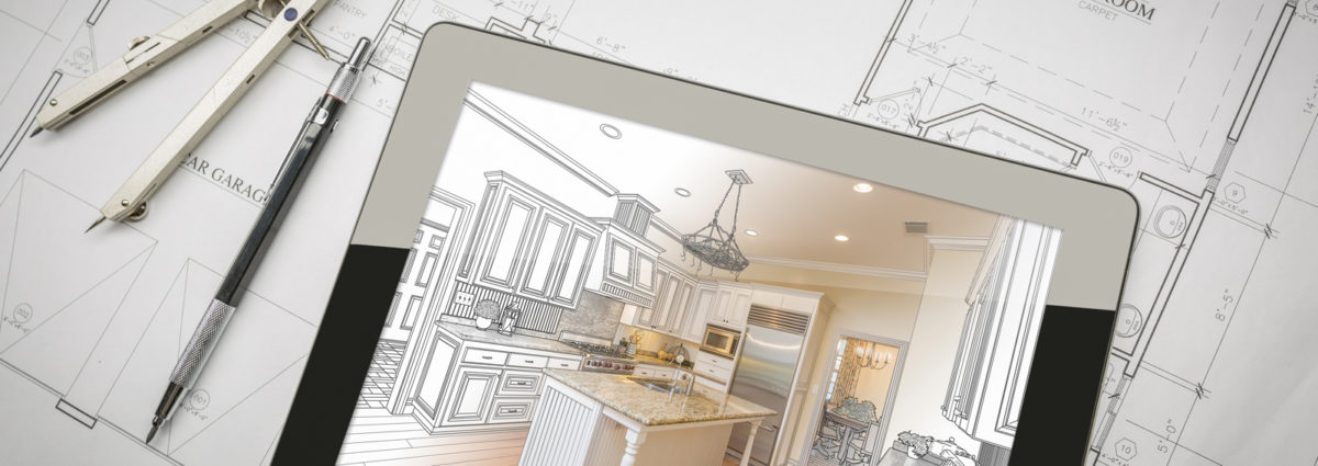 Computer Tablet Showing Kitchen Illustration On House Plans, Pen
