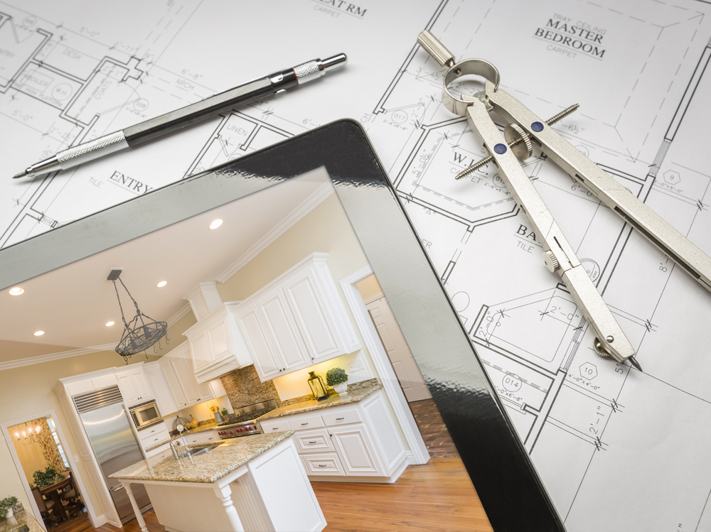 Computer Tablet Showing Finished Kitchen On House Plans, Pencil,