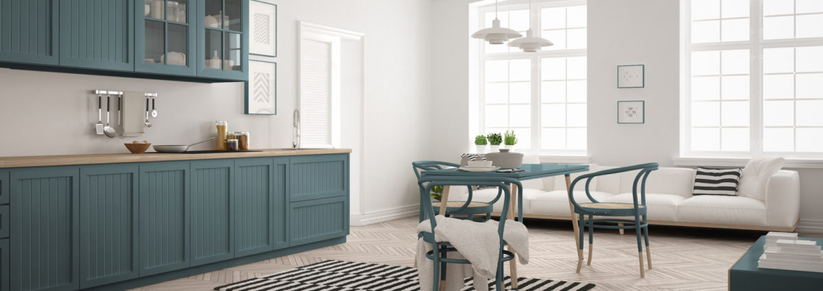 Minimalist modern kitchen with dining table and living room, white and air force blue scandinavian interior design