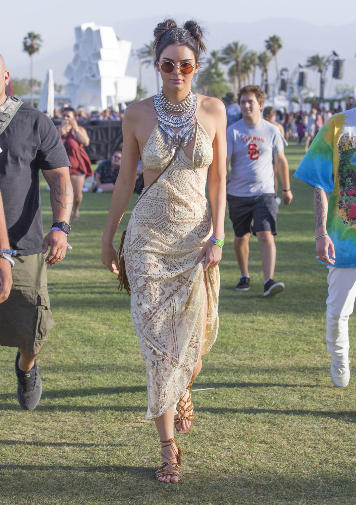 Kendal Jeener Arrive to the Coachella Music Festival in a stunning Beige Lace Dress in Indio California