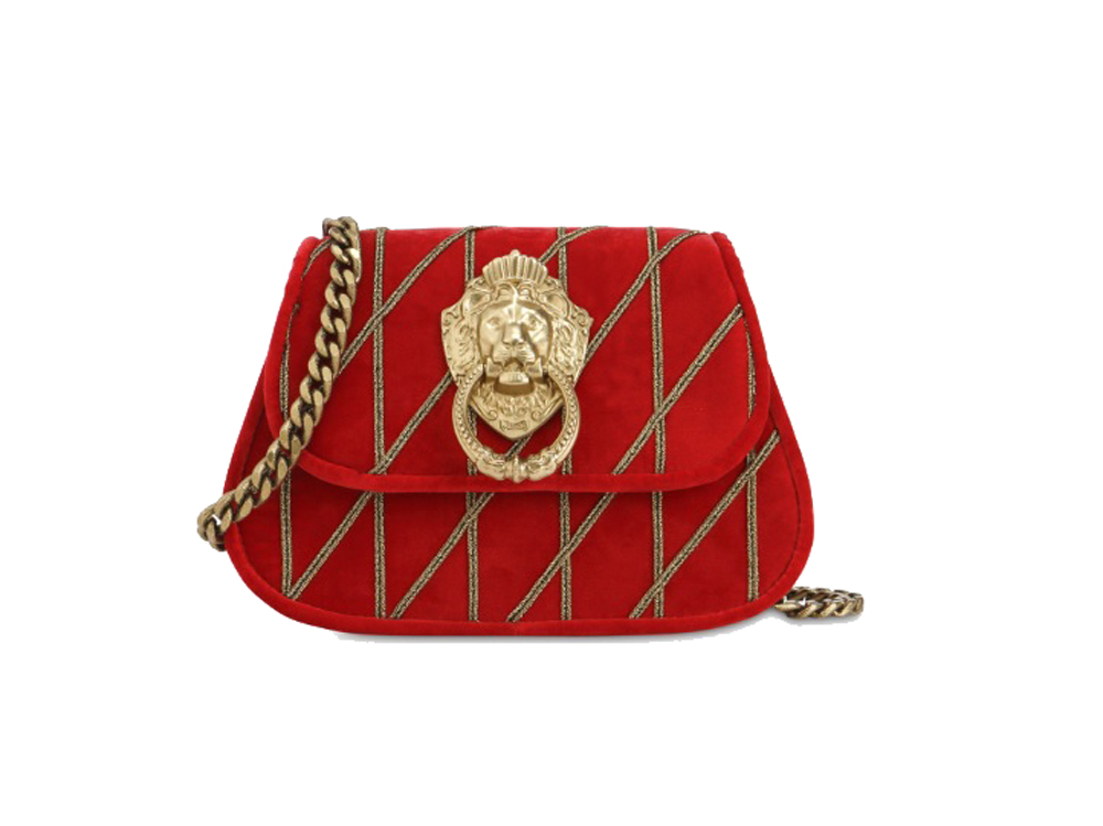 MOSCHINO-(sul-sito)-tracolla-in-velluto-rosso-con-testa-di-leone-in-ottone-dorato