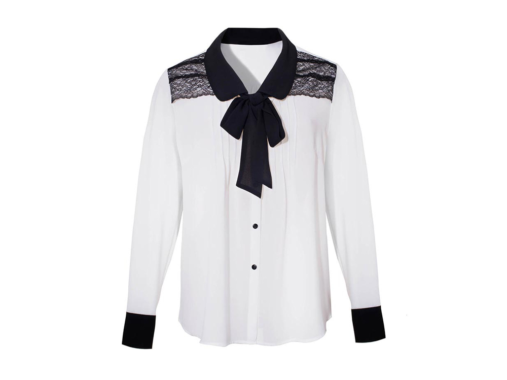 nara-camicie—camicia-in-tessuto-leggero,-pizzo-e-fiocco-nero-a-contrasto