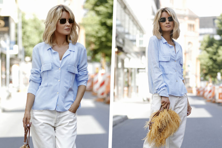 La combo top di Settembre? Camicia azzurra + jeans bianchi, che domande!