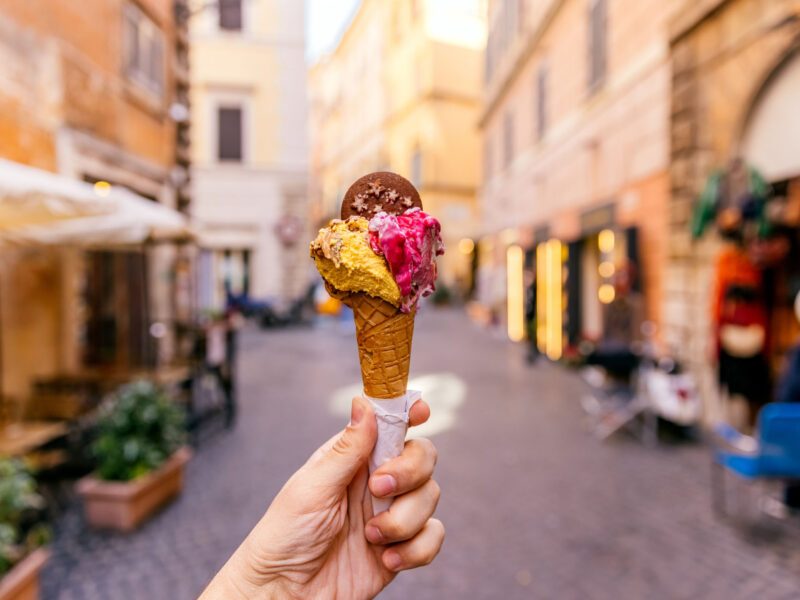 Eating ice cream in the streets of Rome, personal perspective view