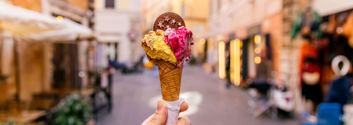 Eating ice cream in the streets of Rome, personal perspective view