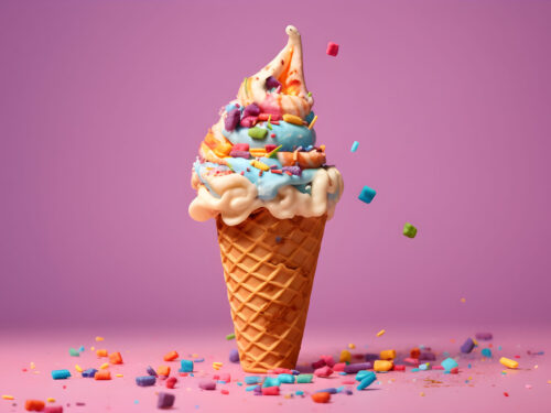 Закрытие мороженого с конусом мороженого на фиолетовом фоне