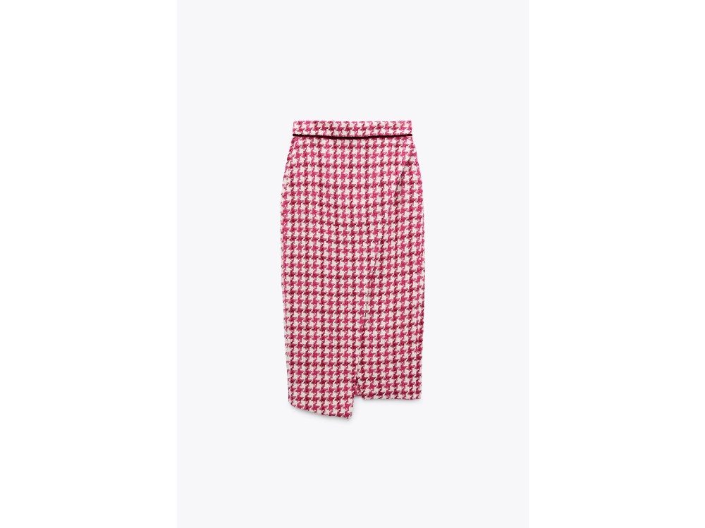 zara gonna midi a vita alta in pied de poule rosa