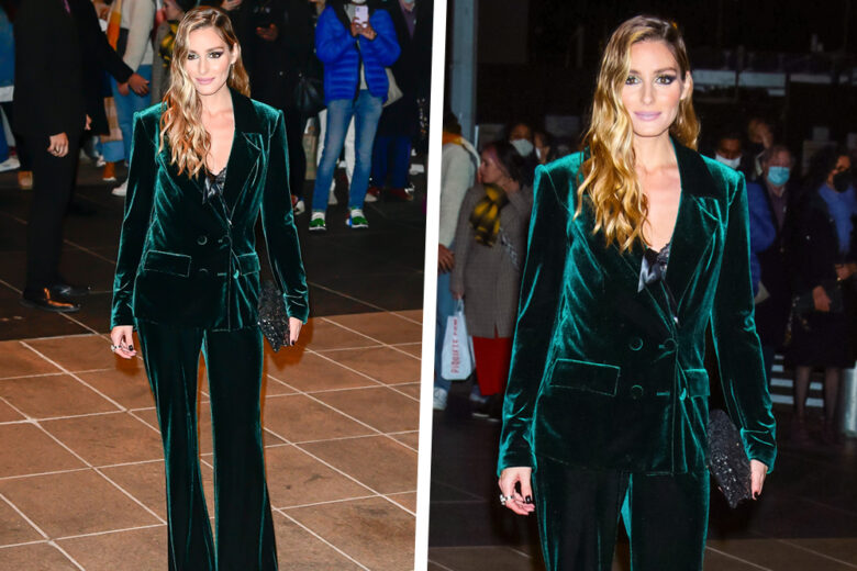Il completo in velluto verde di Olivia Palermo è il dress code perfetto per le Feste