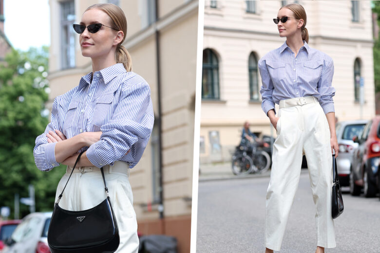Camicia a righe, pantaloni bianchi e accessori minimal: get the look!
