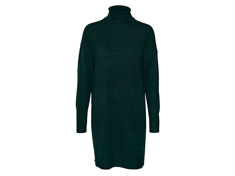 Abito In Maglia Donna Invernale Con Collo A V E Bottoni - Vestito Lungo Al Ginocchio, Manica Lunga, Nero