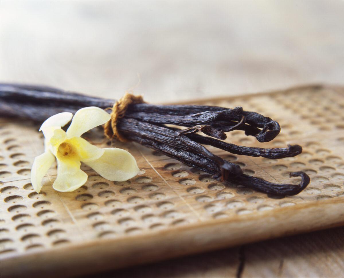 Vanilla pods and yellow flower on wooden board