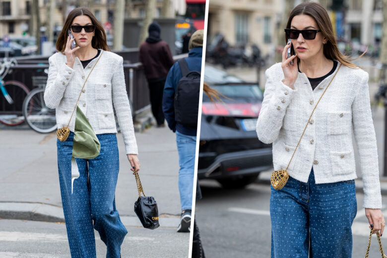 Giacca in tweed, jeans e ballerine: quello di Camille Charrière è il look easy-chic che ci meritiamo