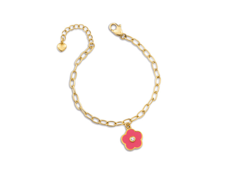 Opsobjects_Bloom-Collection_bracciale-in-acciaio-color-oro-giallo-con-pendente-a-forma-di-fiore-con-smalto-rosa_29-euro