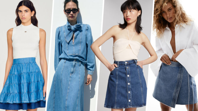 Gonna Di Jeans Donna Vita Alta - Midi Svasata Con Spacco Davanti, Denim Morbido