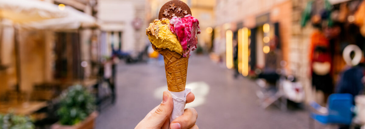 Eating ice cream in the streets of Rome, personal perspective view