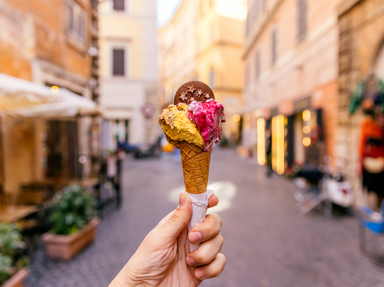 Eating ice cream in the streets of Rome, personal perspective view