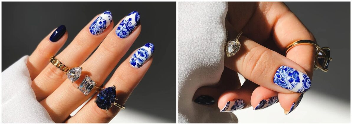 unghie effetto ceramica nail art estate 2023 bianco blu cover desktop