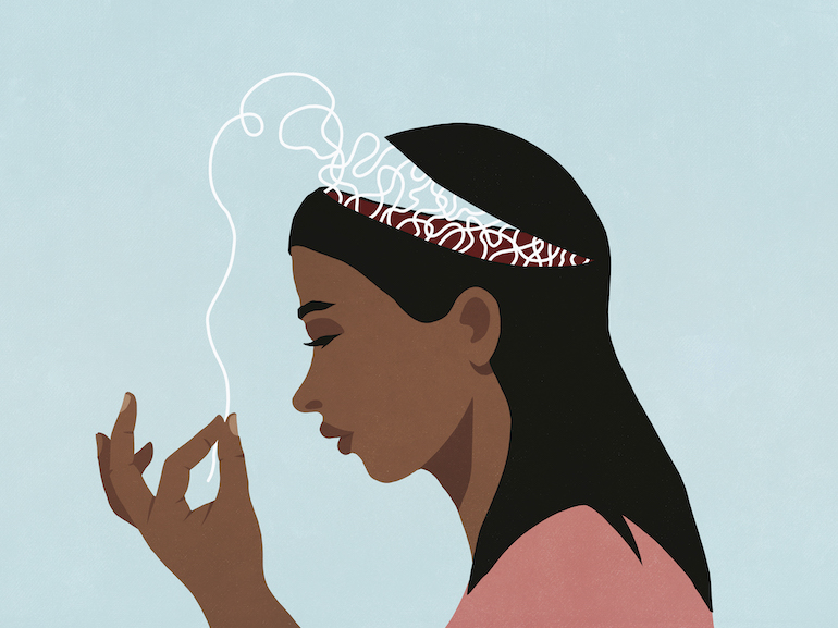 Profile woman with open head pulling at string