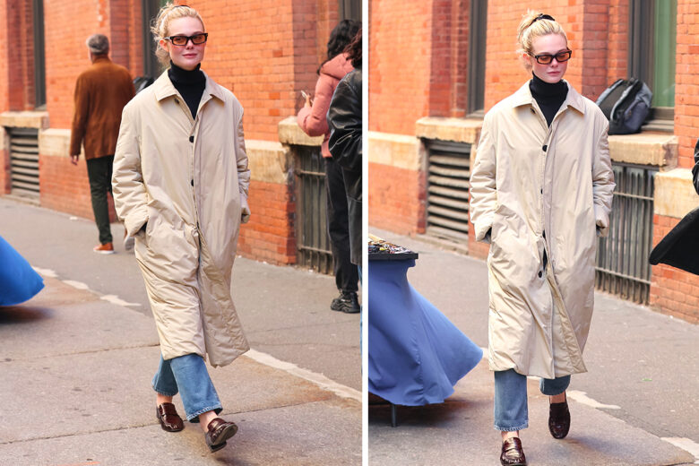 Trench, dolcevita, jeans e mocassini: il look super basic (ma anche super chic) di Elle Fanning